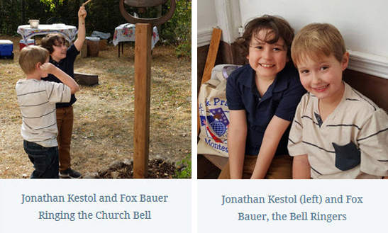 Two photos of Jonathan Kestol and Fox Bauer ringing the church bell